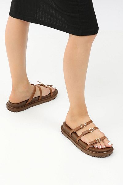 Peta Three Band Gold Buckle Comfortable Sole Slippers