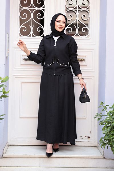 N.S NEVA STYLE Double Set with Zippered Black Hijab Skirt 44751S