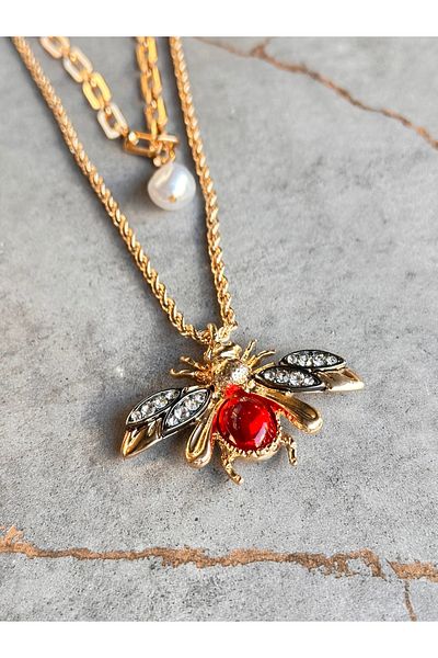 The Simu Zircon Stone Pearl Bee Necklace