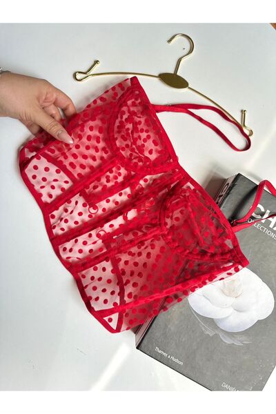 Genel Markalar Kırmızı Puantiye Desenli Tül, Siyah, Arkası ipli Büstiyer Korse