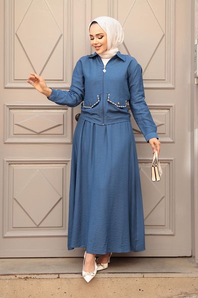 N.S NEVA STYLE Zippered Indigo Blue Hijab Skirt Double Set 44751Im