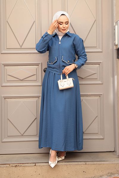 N.S NEVA STYLE Zippered Indigo Blue Hijab Skirt Double Set 44751Im