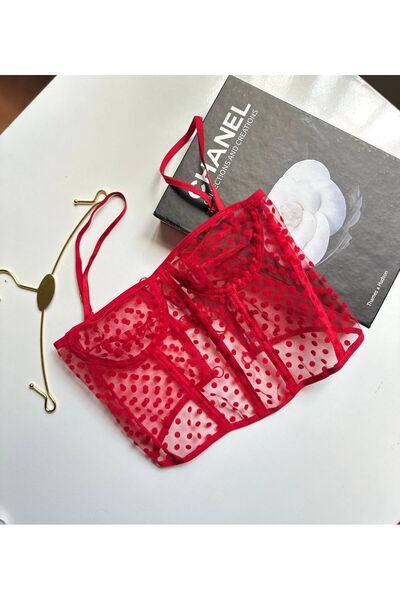 Genel Markalar Kırmızı Puantiye Desenli Tül, Siyah, Arkası ipli Büstiyer Korse