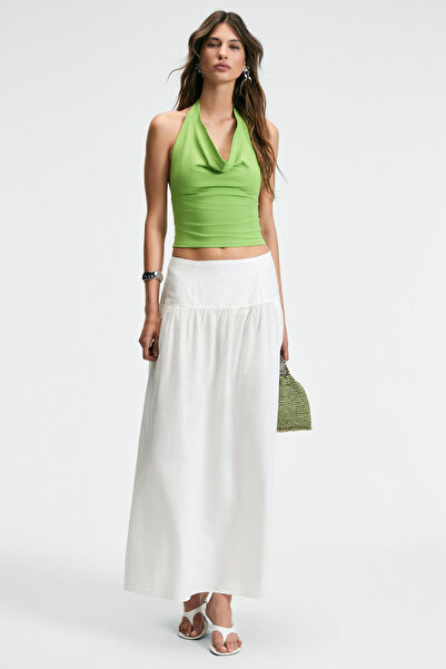 GRIMELANGE Nesliva Women's Degaje Halter Neckline Thick Strap Backless Crop Green Blouse