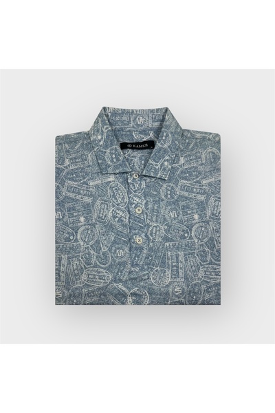 KAMER تي شيرت عصري من مزيج القطن والليكرا ذو ياقة قصيرة الأكمام منقوشة 5000M