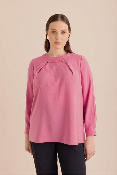 Aker Yakası Pili ve İşleme Detaylı Dokuma Bluz