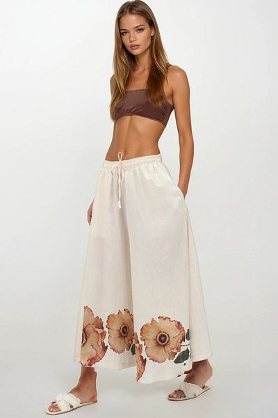 VAGGON Women's Beige Double Pocket Elastic Waist Printed Self-Textured Wide Leg Aerobin Trousers Vs00257