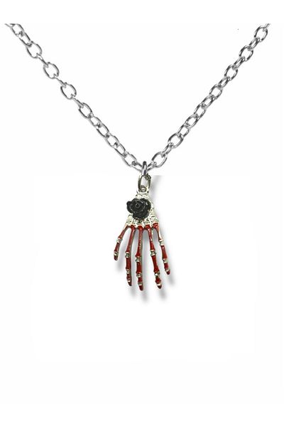 Herşey Nota Unisex Necklace with Rose Motif and Red Skeleton Hand Figure – Gothic and Meaningful Design