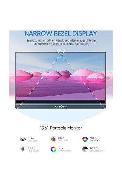 Arzopa Monitor portabil LED IPS Arzopa A1 Travel 15.6", Full HD (1920x1080), 60Hz, Mini HDMI, USB-C, Negru