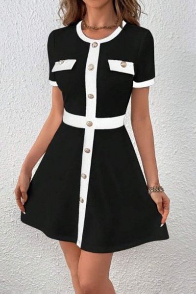 Mossta Crew Neck Button Detailed Mini Dress - Black