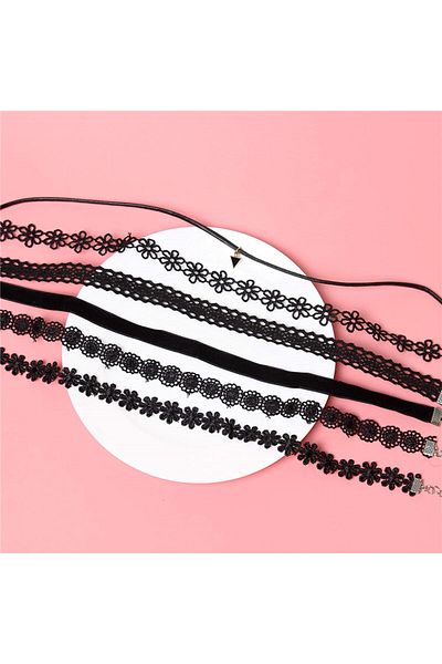 BLACK Set of 6 elegant choker necklaces, multiple styles, black