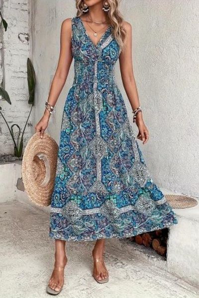 Mossta Patterned V-Neck Elastic Waist Single Jersey Dress - Blue
