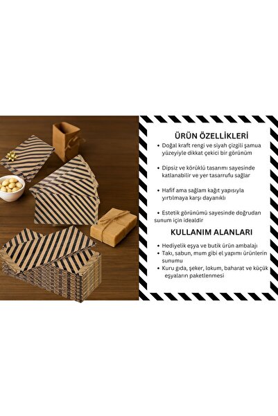 roco paper Körüklü Kraft Kese Kağıdı, Siyah Verev Desenli Şamua Hediye, Ambalaj Poşeti, 15x33 Cm, 50 Adet