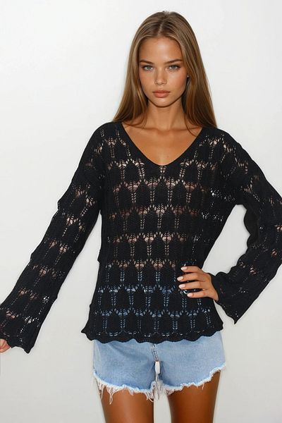 VAGGON Women's Black V-Neck Openwork Blouse Vs00251