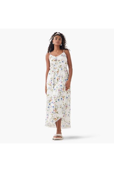 2Xtremz 2Xtremz Floral Print Sleeveless Maxi Dress with V-neck and Schiffli Detail