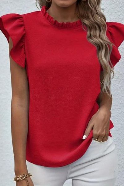 Mossta Short Sleeve Ruffled Collar Wrap Blouse - Red