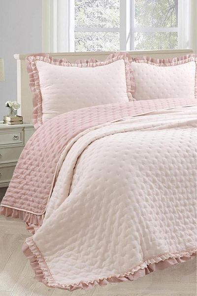 Çeyiz Diyarı Lamina Ruffled Fiber Filled Double 240X260 cm Bedspread Powder