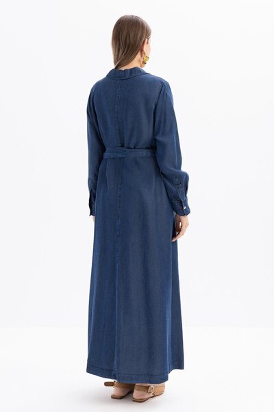 ALLDAY Koyu Mavi-Yarım Patlı Kuşaklı Denim Elbise