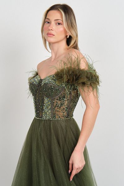 Hvit Vera Women's Long Evening Dress with Stone Top and Sheer Bottom Tulle Skirt Detail 5745 Khaki