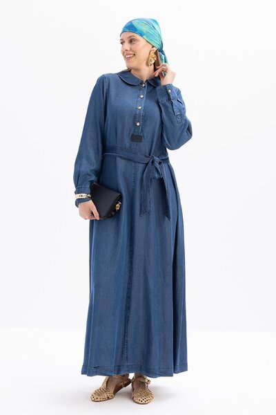 ALLDAY Açık Mavi-Yarım Patlı Kuşaklı Denim Elbise