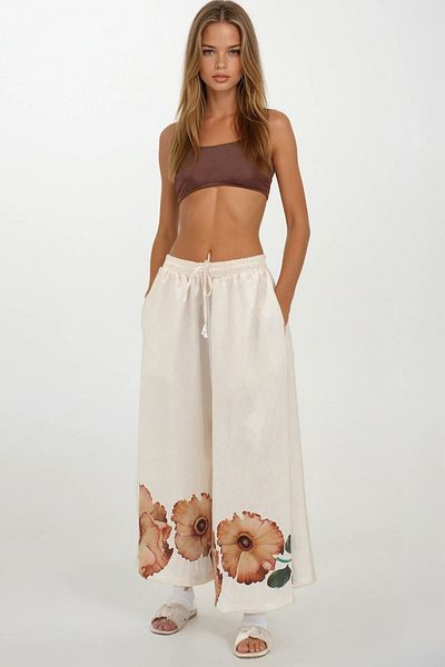VAGGON Women's Beige Double Pocket Elastic Waist Printed Self-Textured Wide Leg Aerobin Trousers Vs00257