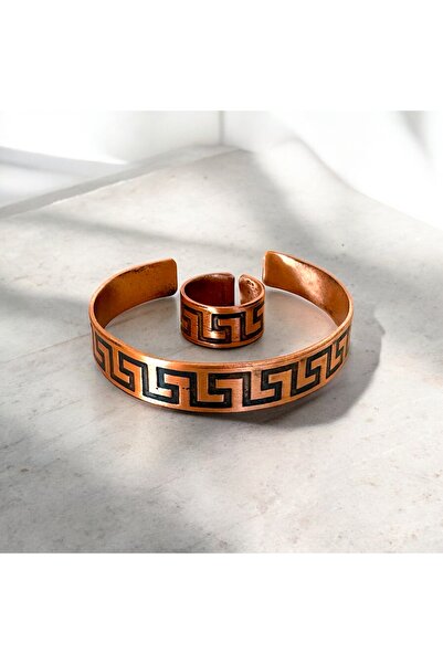 materialist Copper Antique Patterned Unisex Bracelet & Ring Set – Adjustable Size – Energy Balancer