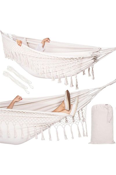 SERSIMO Two-Person Hammock With Fringes And 2 Pillows, 200kg, 200×150 Cm, Beige