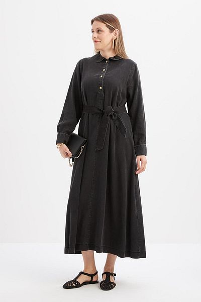 ALLDAY Gray-Half Patch Belted Denim Dress