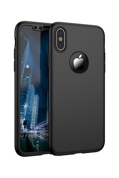 BLACK Carcasă Full Cover 360° (față + spate + folie de sticlă) pentru iPhone X, Neagră