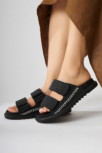 Limoya Yumi Black Embroidery Detailed Double Banded Women's Slippers