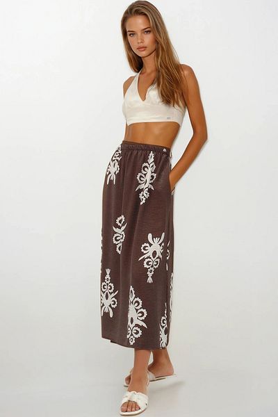 VAGGON Women's Brown Elastic Waist Double Pocket Patterned Maxi Skirt Vs00259