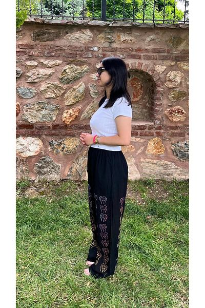 Sobe Hediyelik Ethnic Patterned Wide Leg Summer Trousers with Black Background – Comfortable Fit