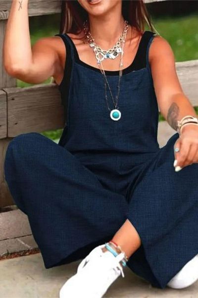 Mossta Loose Cut Side Zipper Jumpsuit with Strap - Blue