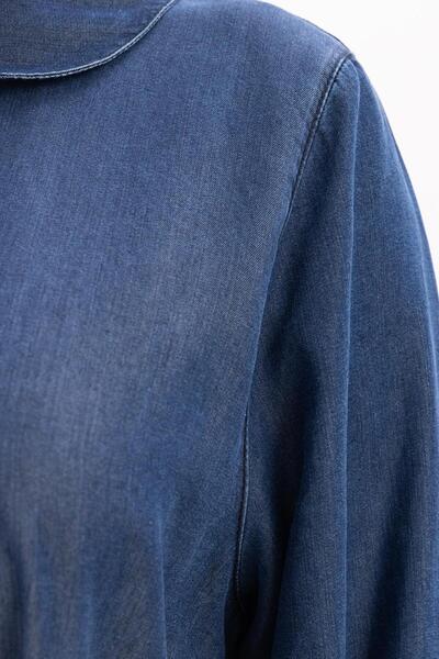 ALLDAY Koyu Mavi-Yarım Patlı Kuşaklı Denim Elbise