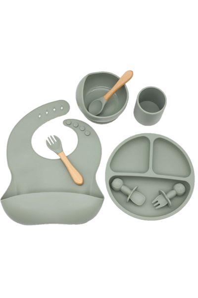 REVOSE Set Complet Diversificare Din Silicon, Farfurie Cu Tacamuri, Bavetica, Cana, Bol, Olive