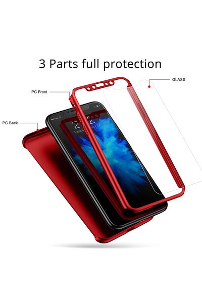 OEM Carcasă Full Cover 360° (față + spate + folie de sticlă) iPhone X, Roșie