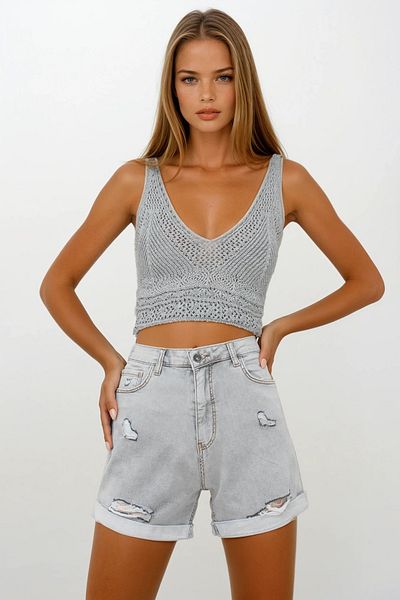 VAGGON Women's Gray 5 Pocket Double Leg Ripped Detailed Denim Shorts Vs00256