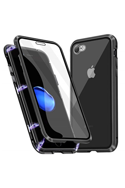 BLACK Μαγνητική θήκη 360° από γυαλί (μπροστινό + πίσω γυαλί) για iPhone 7, μαύρη