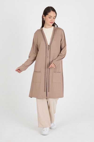 larocci Women's Standard V-Neck Stone Detailed Long Sleeve Vest with Pockets