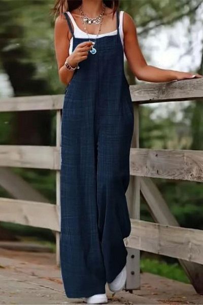 Mossta Loose Cut Side Zipper Jumpsuit with Strap - Blue
