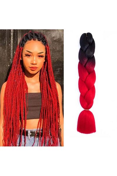 WNY Extensii de păr sintetic colorate pentru împletitură, culoare Ombre, negru/roșu, 105g, 63cm