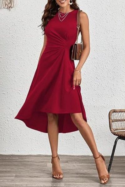 Mossta Crew Neck Waist Gathered Crepe Dress - Red