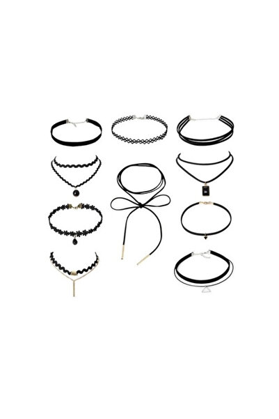 BLACK Комплект от 10 елегантни колиета тип „чокър“, черни