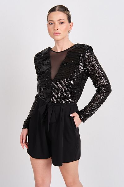EXPLOSION Women's Front - Back Deep V Neckline and See-Through Sequined Short Evening Dress Jumpsuit 2419 Black