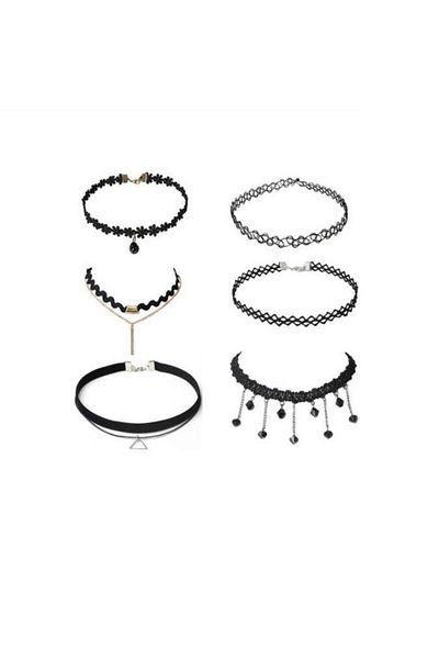 BLACK Set of 6 elegant choker necklaces, multiple styles, black