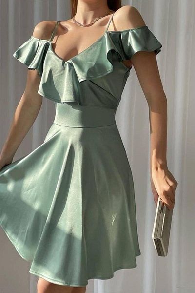 Mossta Ruffled Satin Dress with Off Shoulder Straps - Mint