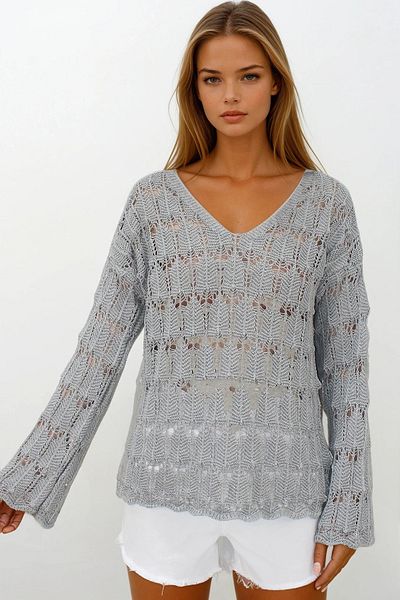 VAGGON Women's Gray V-Neck Openwork Blouse Vs00251
