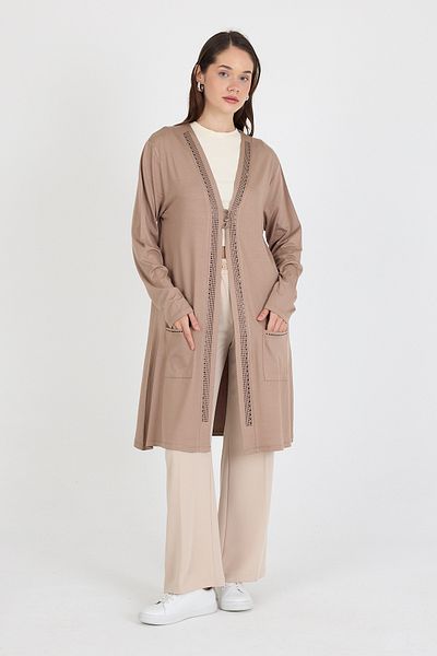 larocci Women's Standard V-Neck Stone Detailed Long Sleeve Vest with Pockets