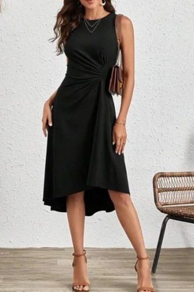Mossta Crew Neck Waist Gathered Crepe Dress - Black