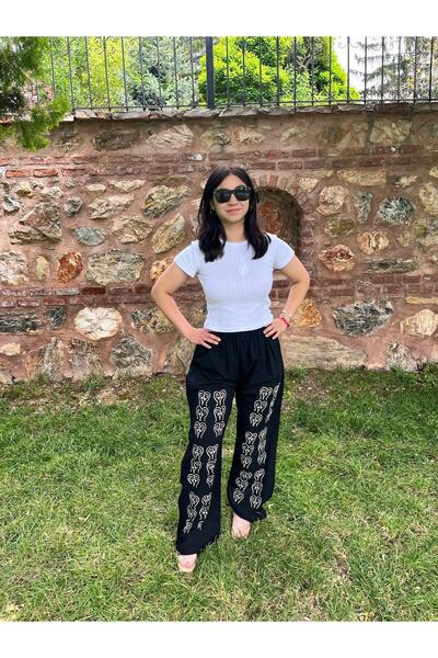 Sobe Hediyelik Black Wide Leg Trousers – White Ethnic Pattern – Summer Loose Model